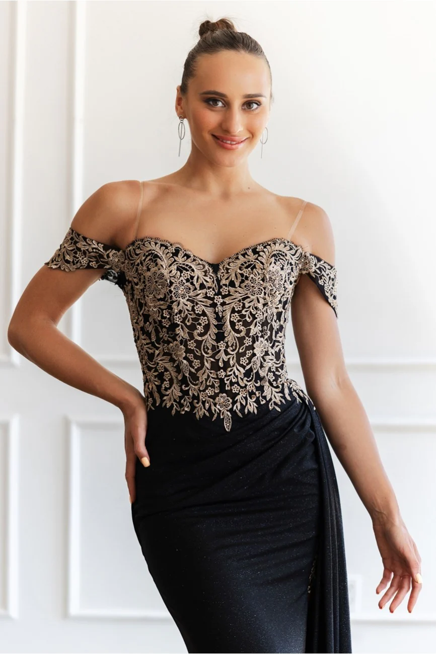 High Couture MJ1021 Glitter Long Formal Lace Applique Prom Dress - Primitiveus