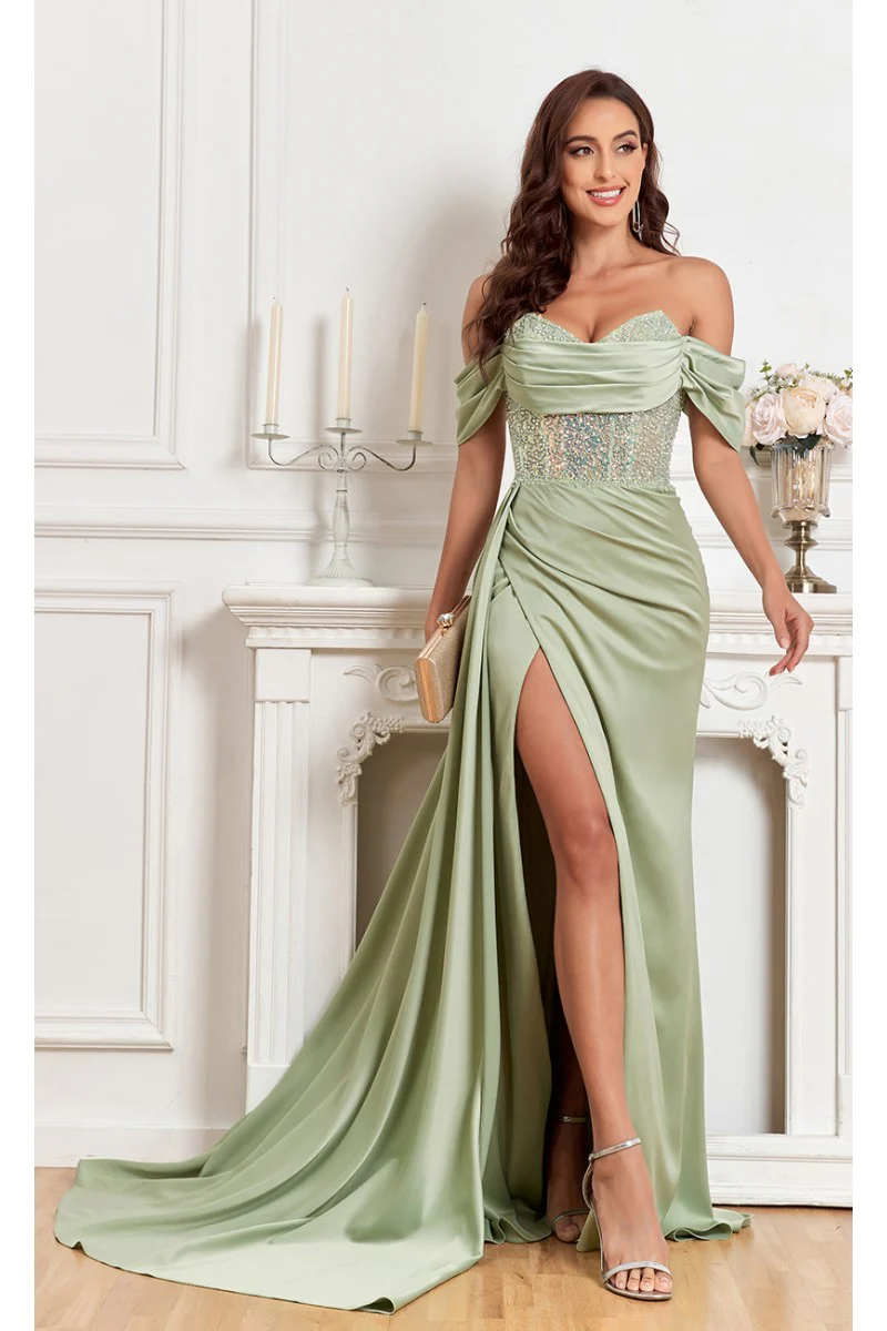 High Couture MJ1005 Fitted Prom Long Formal Beaded Slit Evening Gown - Primitiveus