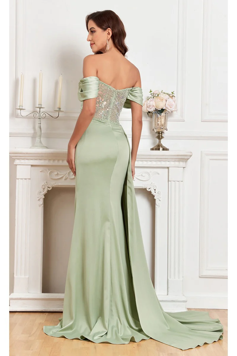 High Couture MJ1005 Fitted Prom Long Formal Beaded Slit Evening Gown - Primitiveus