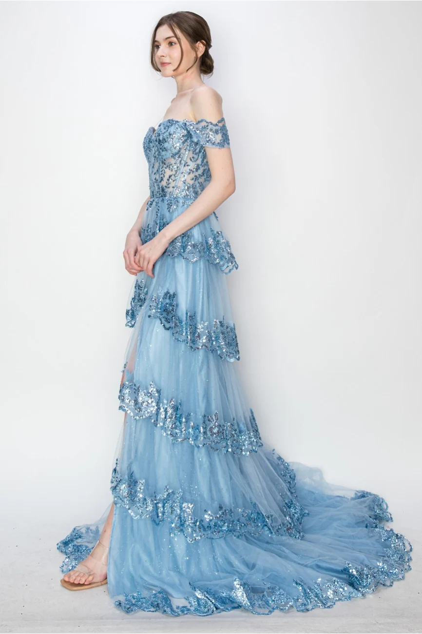 High Couture MJ1020 Long Ball Gown Formal Tiered Prom Dress - Primitiveus