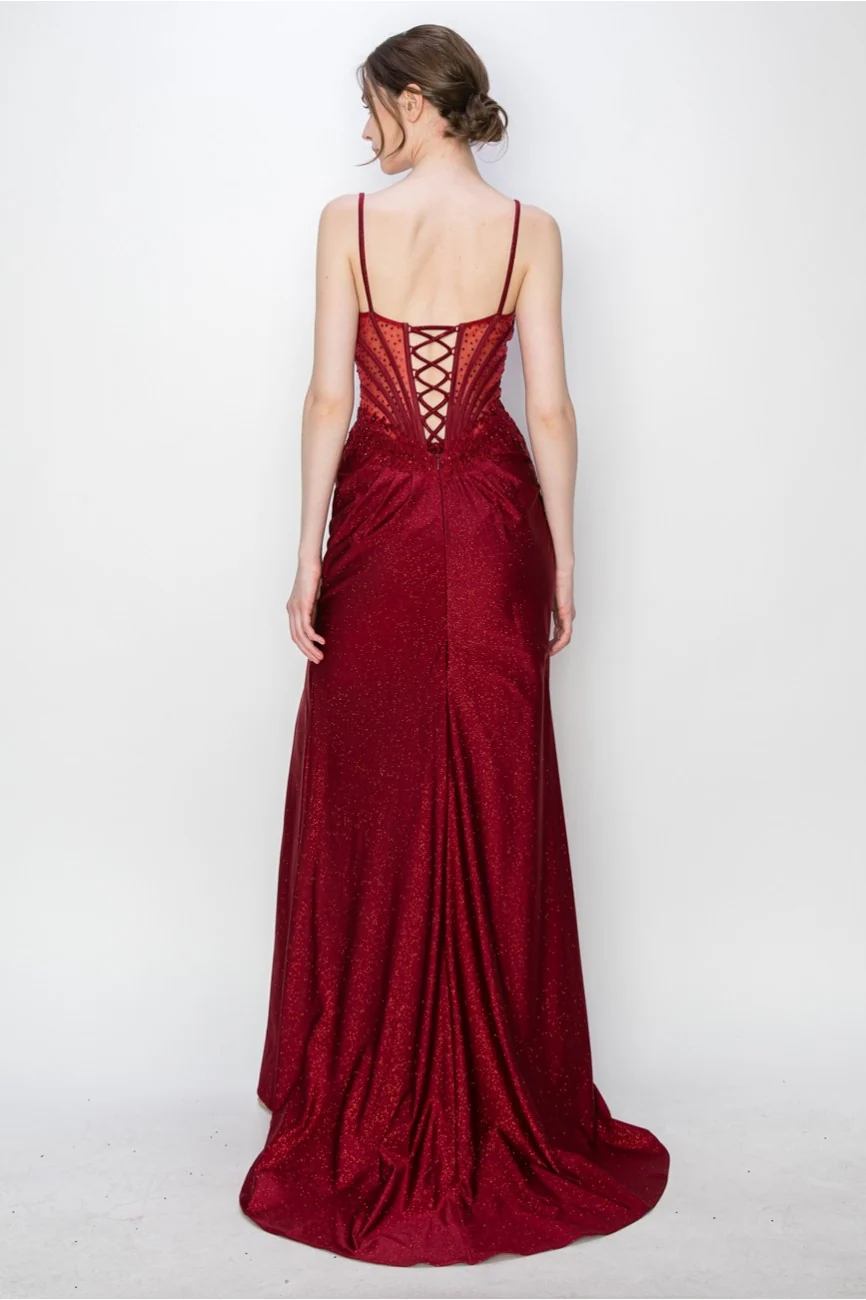 High Couture MJ1019 Long Formal Fitted Corset Slit Evening Prom Gown - Primitiveus