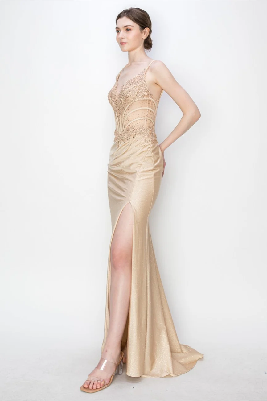 High Couture MJ1019 Long Formal Fitted Corset Slit Evening Prom Gown - Primitiveus