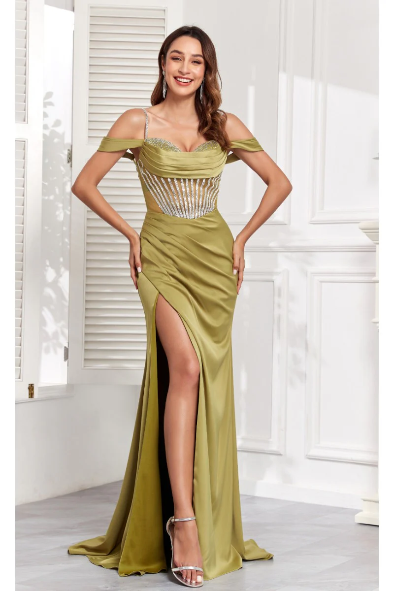 High Couture MJ1001 Beaded Slit Long Formal Corset Prom Dress - Primitiveus