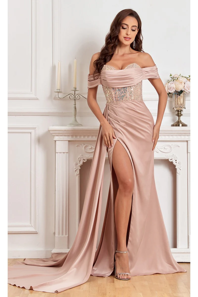 High Couture MJ1005 Fitted Prom Long Formal Beaded Slit Evening Gown - Primitiveus