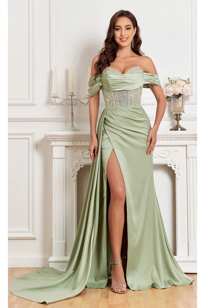 High Couture MJ1005 Fitted Prom Long Formal Beaded Slit Evening Gown - Primitiveus
