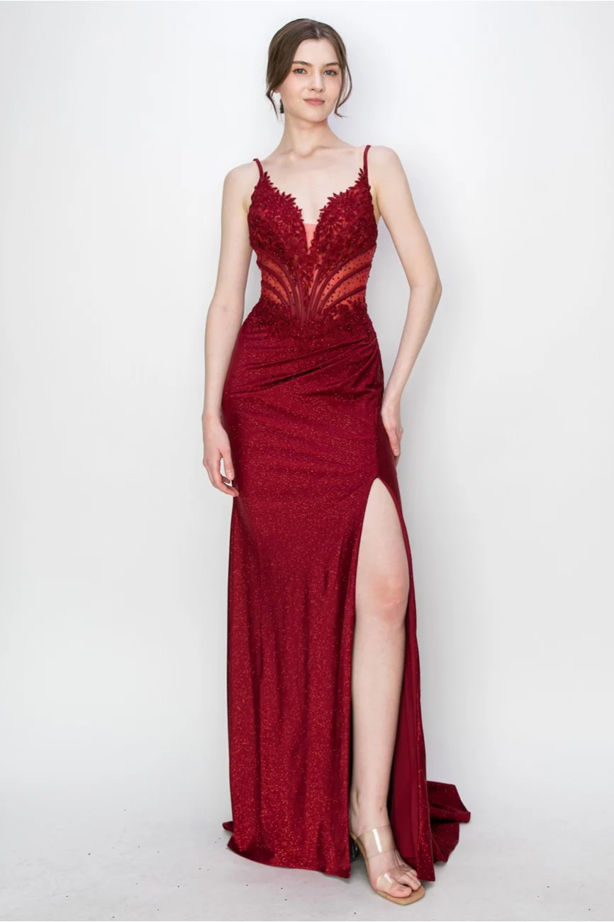 High Couture MJ1019 Long Formal Fitted Corset Slit Evening Prom Gown - Primitiveus