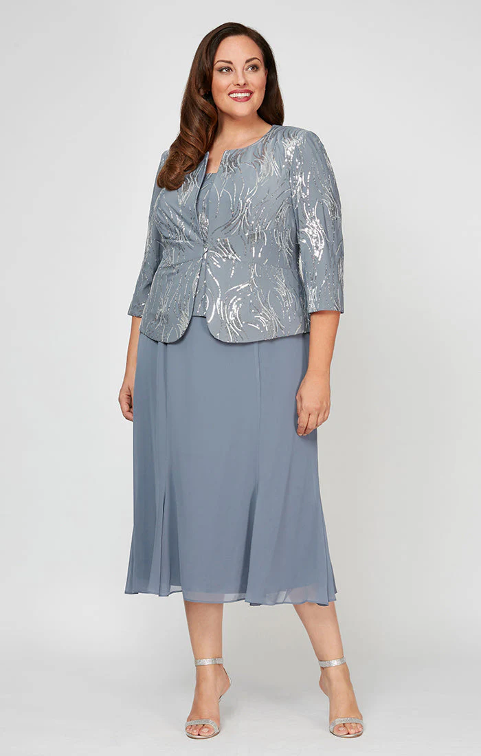 Alex Evenings 4962675 Short Plus Size Tea Length Mother of the Bride Sequin Jacket Dress - Primitiveus