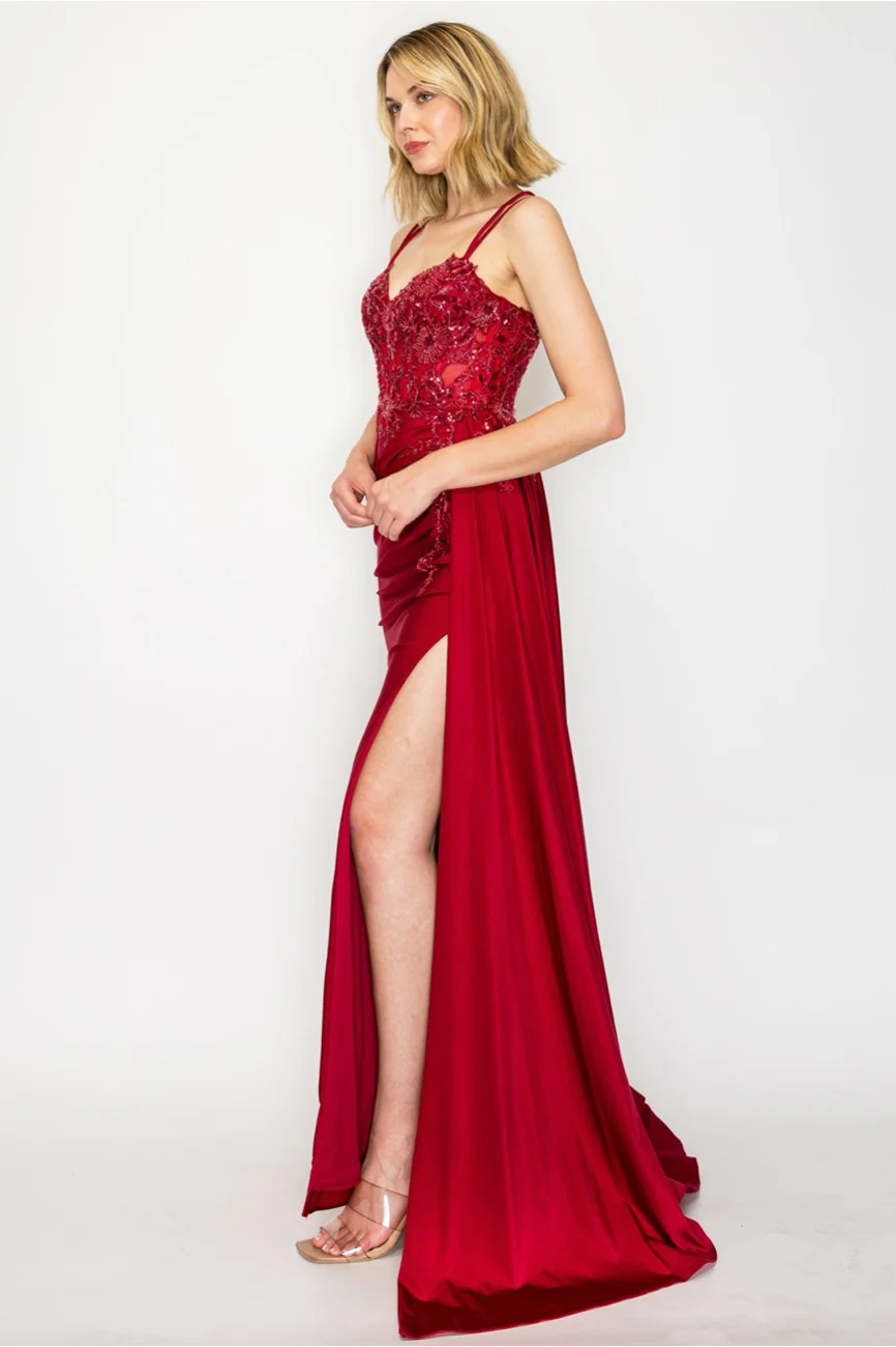 High Couture MJ1014 Prom Long Corset Slit Fitted Formal Dress - Primitiveus