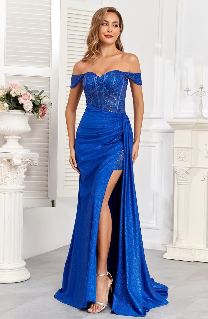 High Couture HC1005 Glitter Long Corset Fitted Formal Prom Dress - Primitiveus