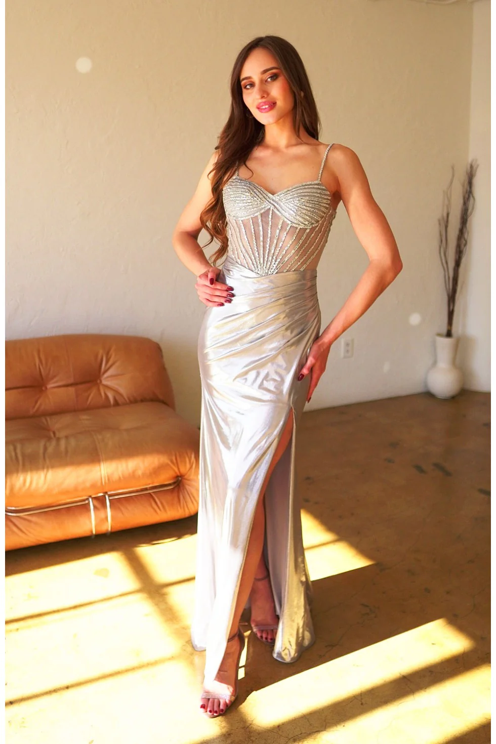 High Couture HC1024 Beaded Slit Prom Long Formal Metallic Dress - Primitiveus