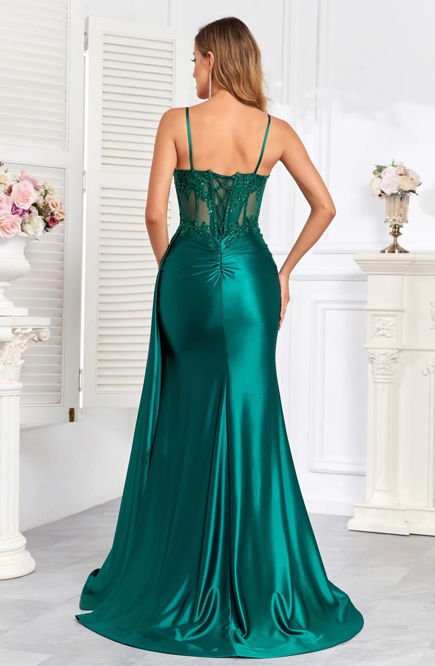 High Couture HC1004 Pleated Long Formal Applique Corset Prom Dress - Primitiveus