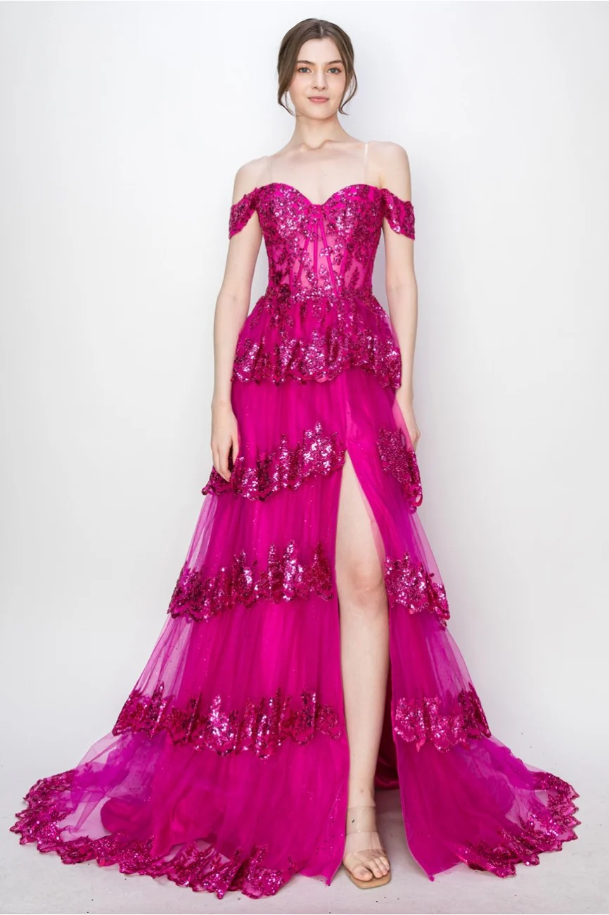 High Couture MJ1020 Long Ball Gown Formal Tiered Prom Dress - Primitiveus