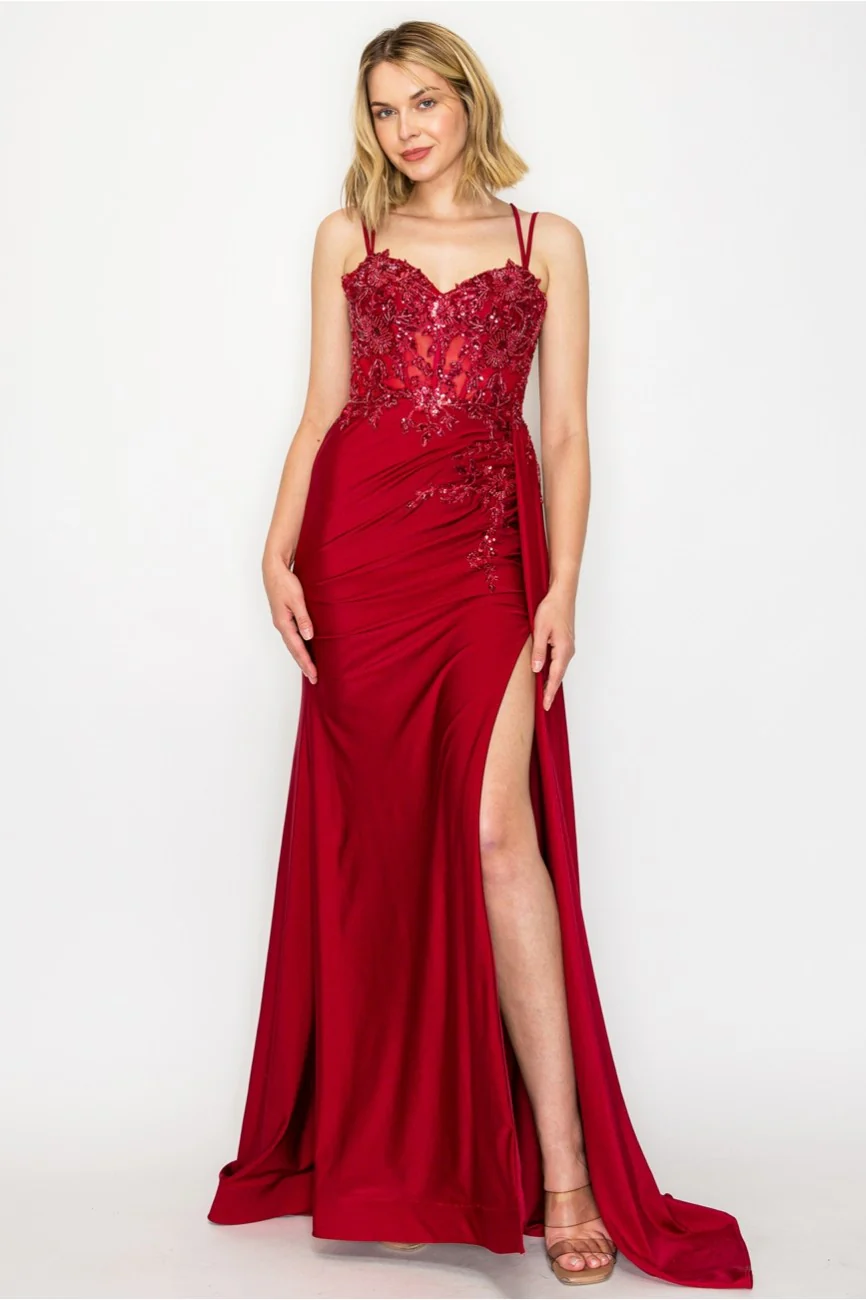 High Couture MJ1014 Prom Long Corset Slit Fitted Formal Dress - Primitiveus