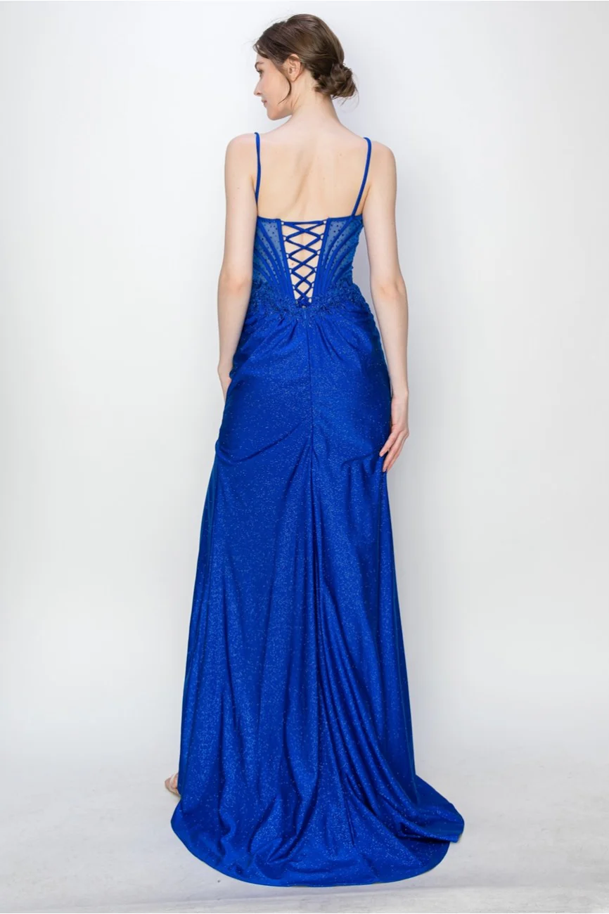 High Couture MJ1019 Long Formal Fitted Corset Slit Evening Prom Gown - Primitiveus