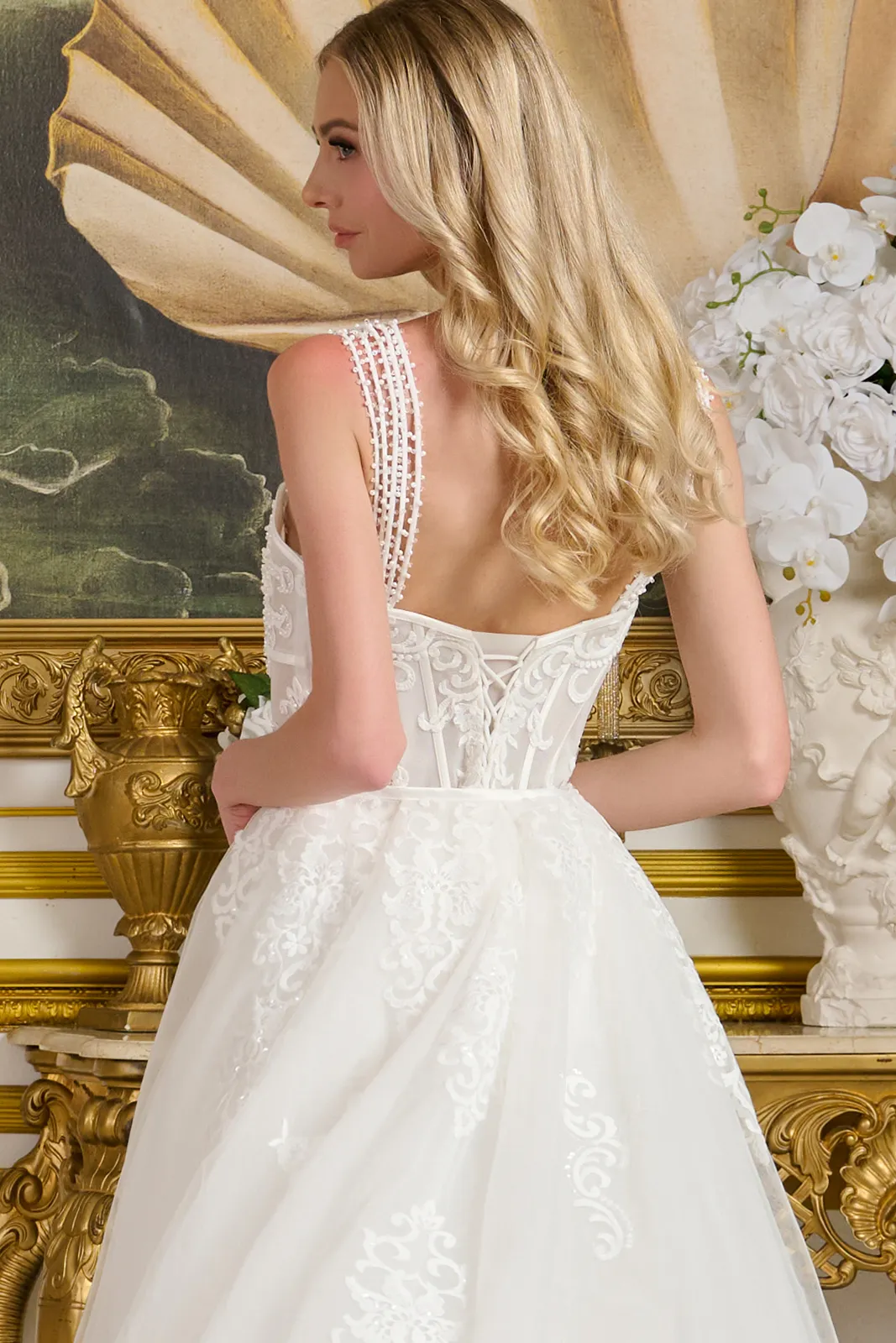 Long Bridal Corset Beaded Sequin Overskirt Wedding Dress - Primitiveus