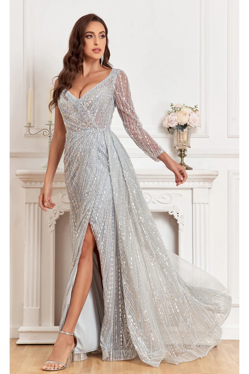 High Couture NR2351 Long Slit Formal Fitted Evening Bedaded Dress - Primitiveus