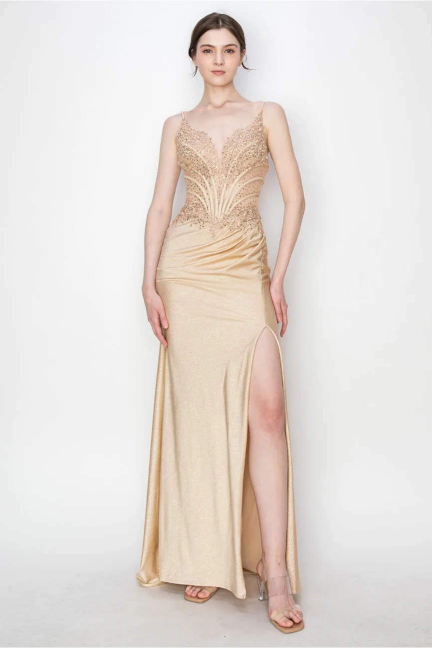 High Couture MJ1019 Long Formal Fitted Corset Slit Evening Prom Gown - Primitiveus