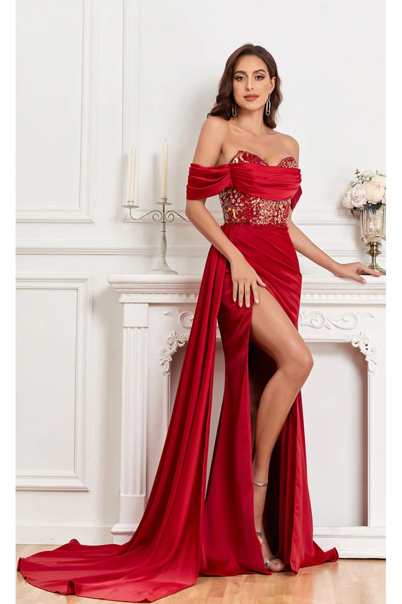 High Couture MJ1005 Fitted Prom Long Formal Beaded Slit Evening Gown - Primitiveus