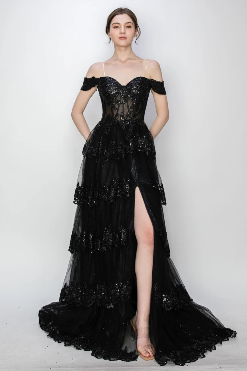 High Couture MJ1020 Long Ball Gown Formal Tiered Prom Dress - Primitiveus