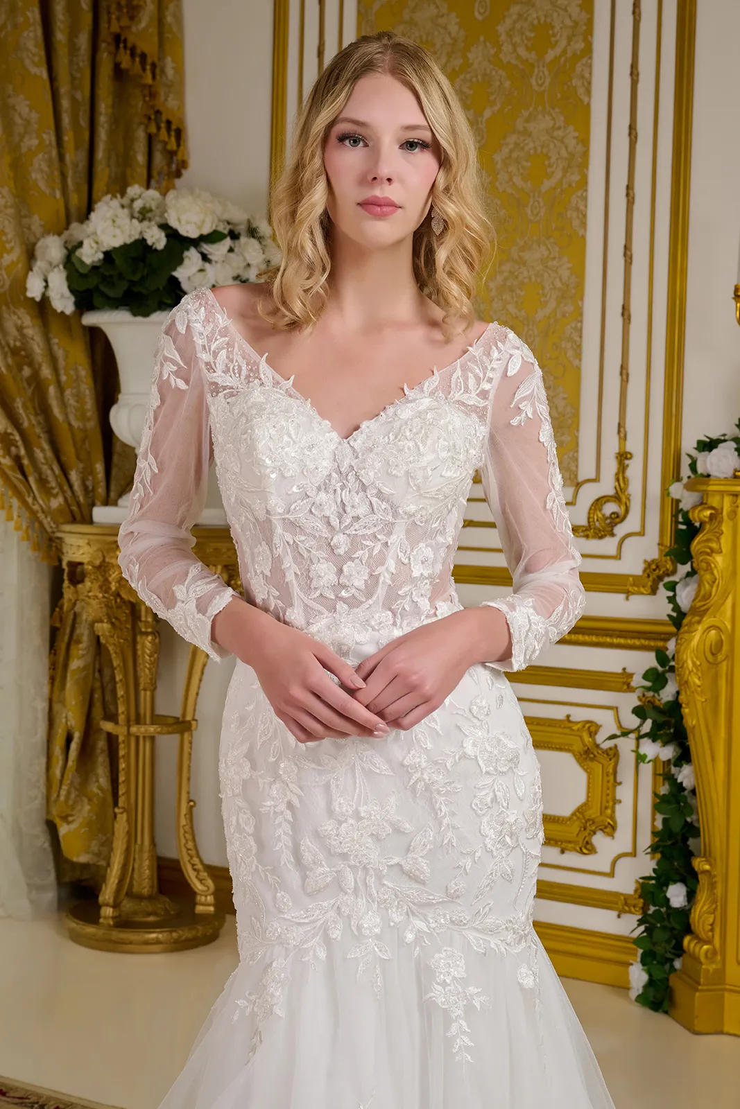 Long Sleeve Bridal A Line Beaded Sequin Wedding Dress - Primitiveus