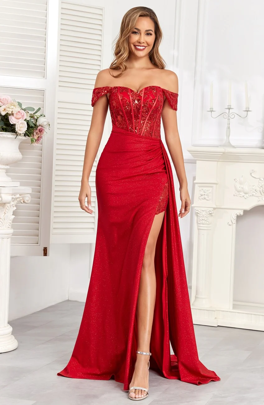 High Couture HC1005 Glitter Long Corset Fitted Formal Prom Dress - Primitiveus