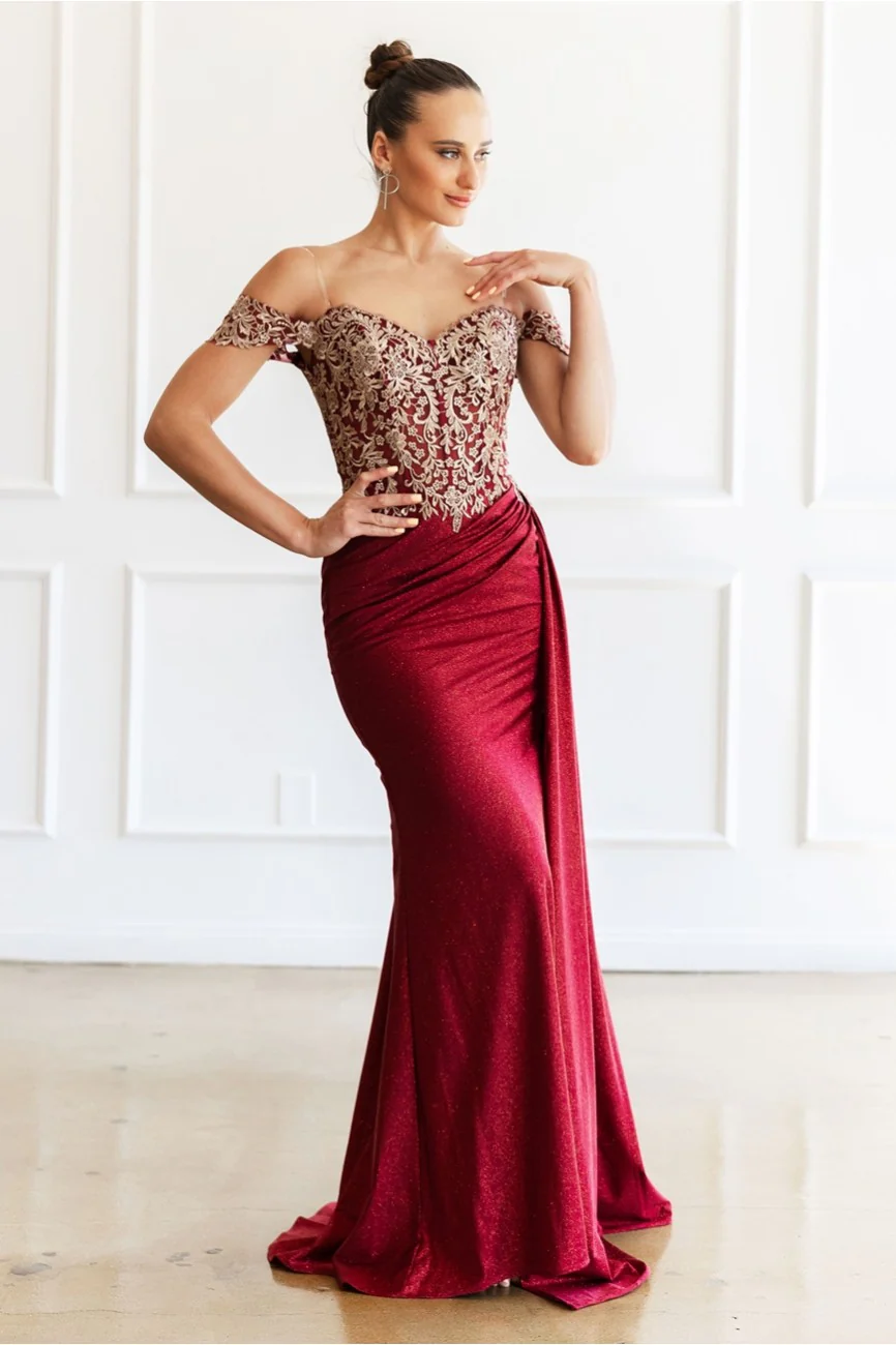 High Couture MJ1021 Glitter Long Formal Lace Applique Prom Dress - Primitiveus