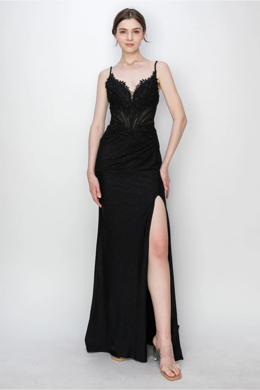 High Couture MJ1019 Long Formal Fitted Corset Slit Evening Prom Gown - Primitiveus