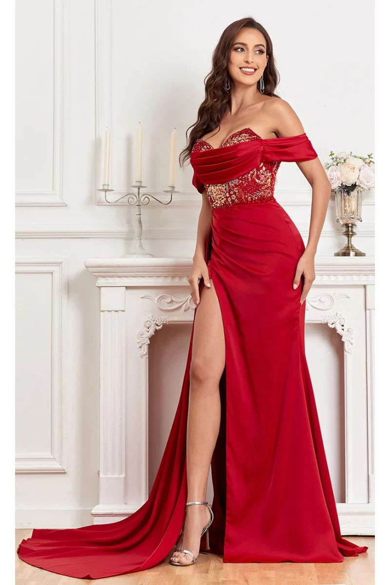 High Couture MJ1005 Fitted Prom Long Formal Beaded Slit Evening Gown - Primitiveus