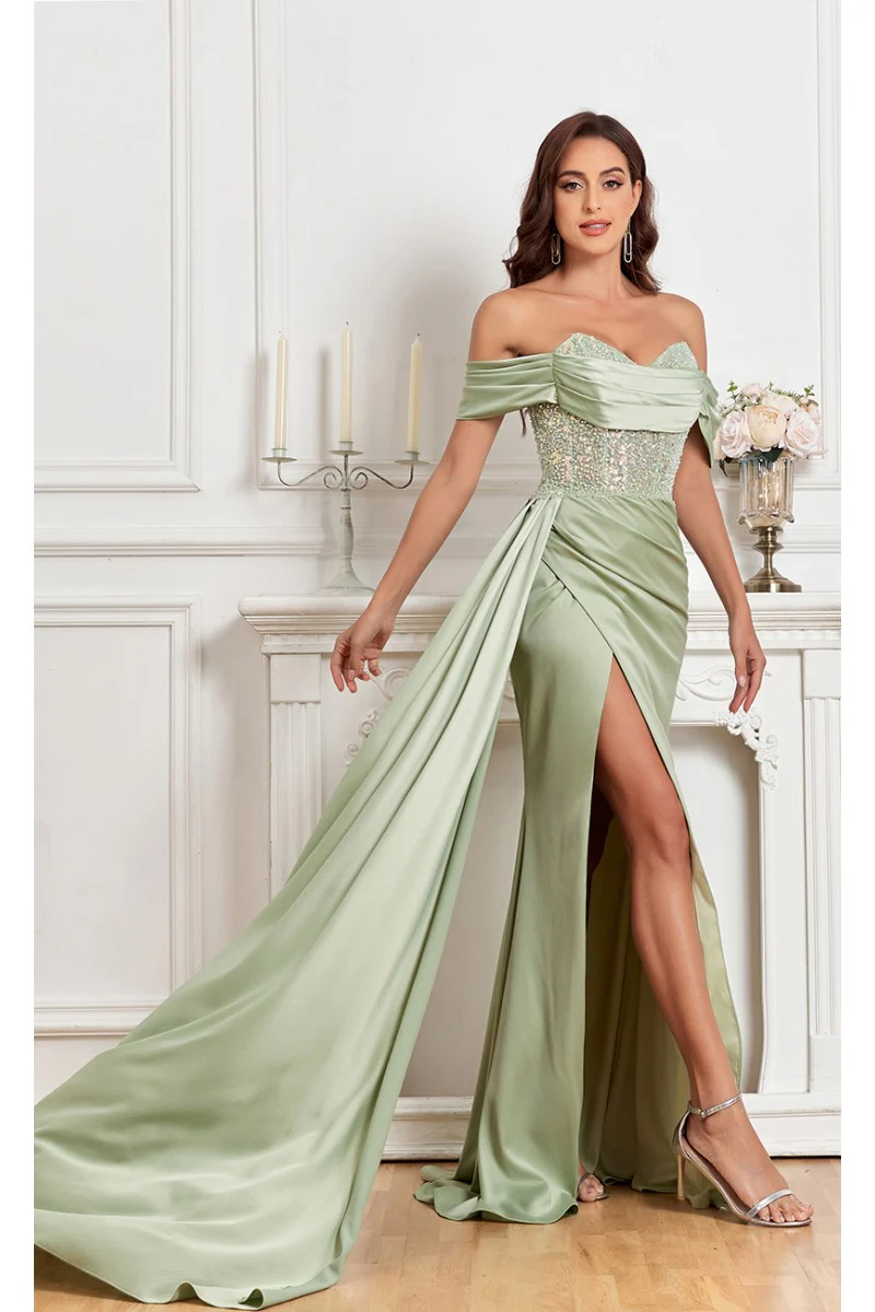 High Couture MJ1005 Fitted Prom Long Formal Beaded Slit Evening Gown - Primitiveus