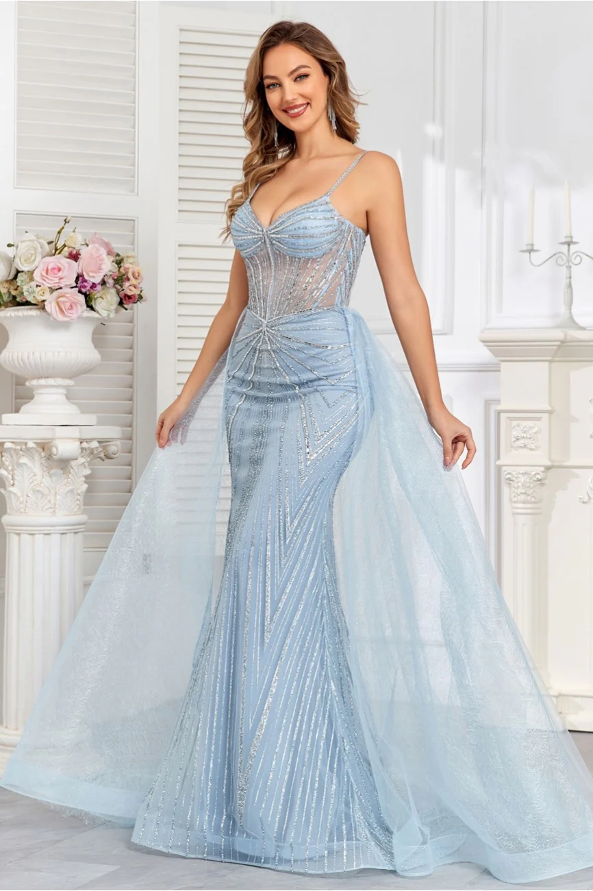 High Couture HC1009 Prom Fitted Long Formal Beaded Overskirt Evening Gown - Primitiveus