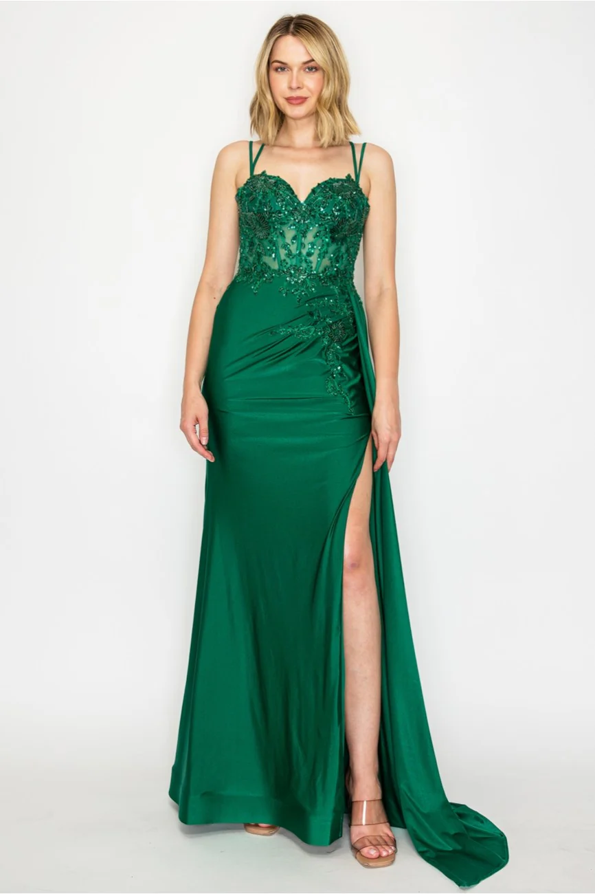 High Couture MJ1014 Prom Long Corset Slit Fitted Formal Dress - Primitiveus