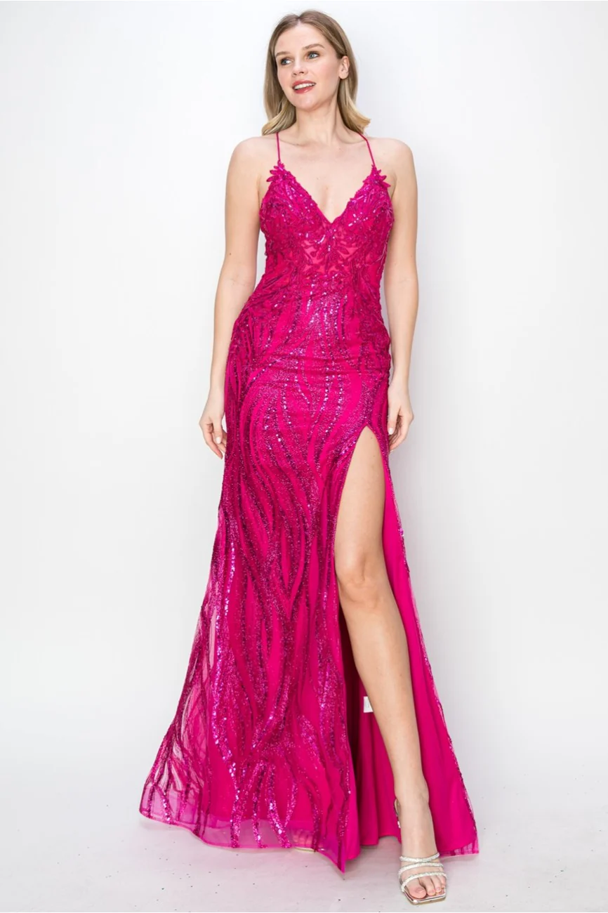 High Couture MJ1010 Long Formal Fitted Slit Sequin Evening Dress - Primitiveus
