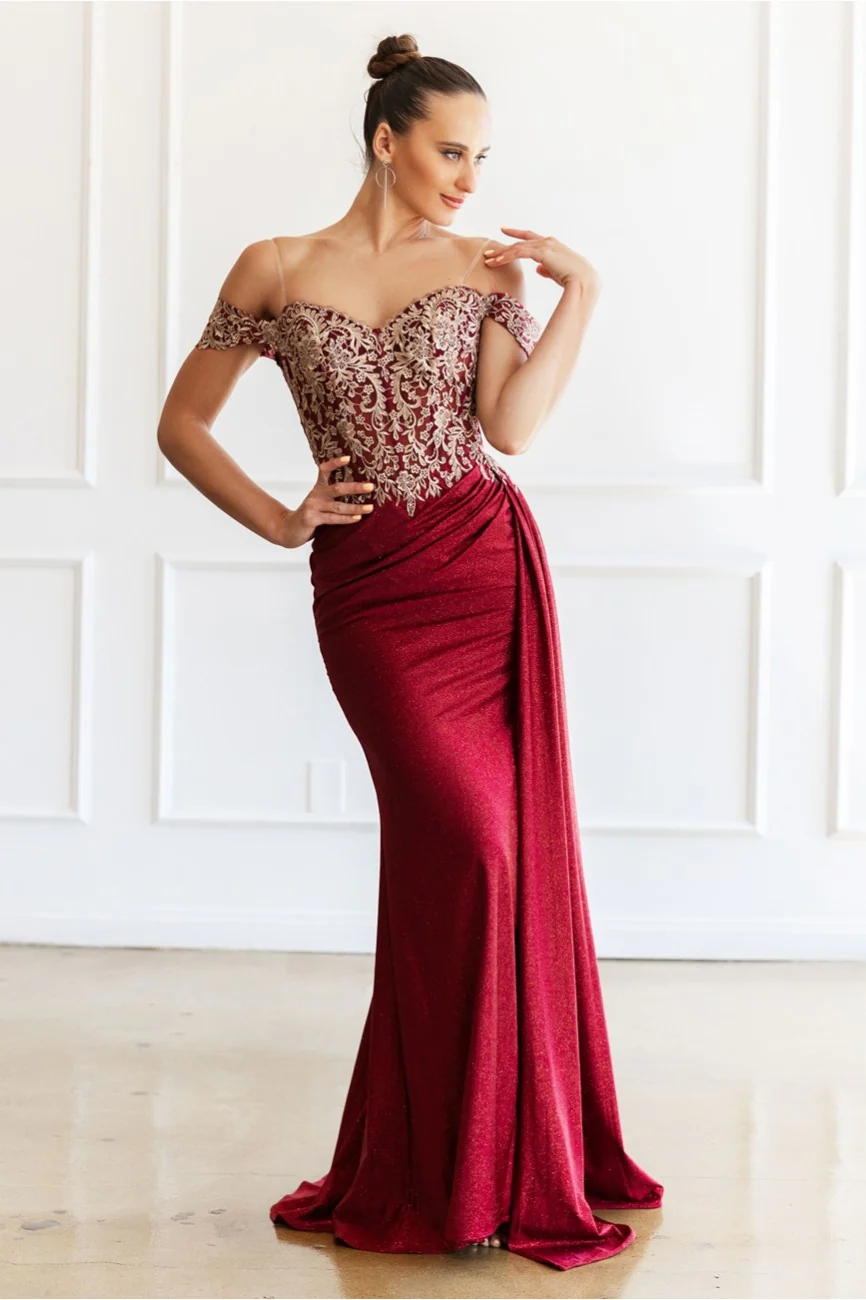 High Couture MJ1021 Glitter Long Formal Lace Applique Prom Dress - Primitiveus