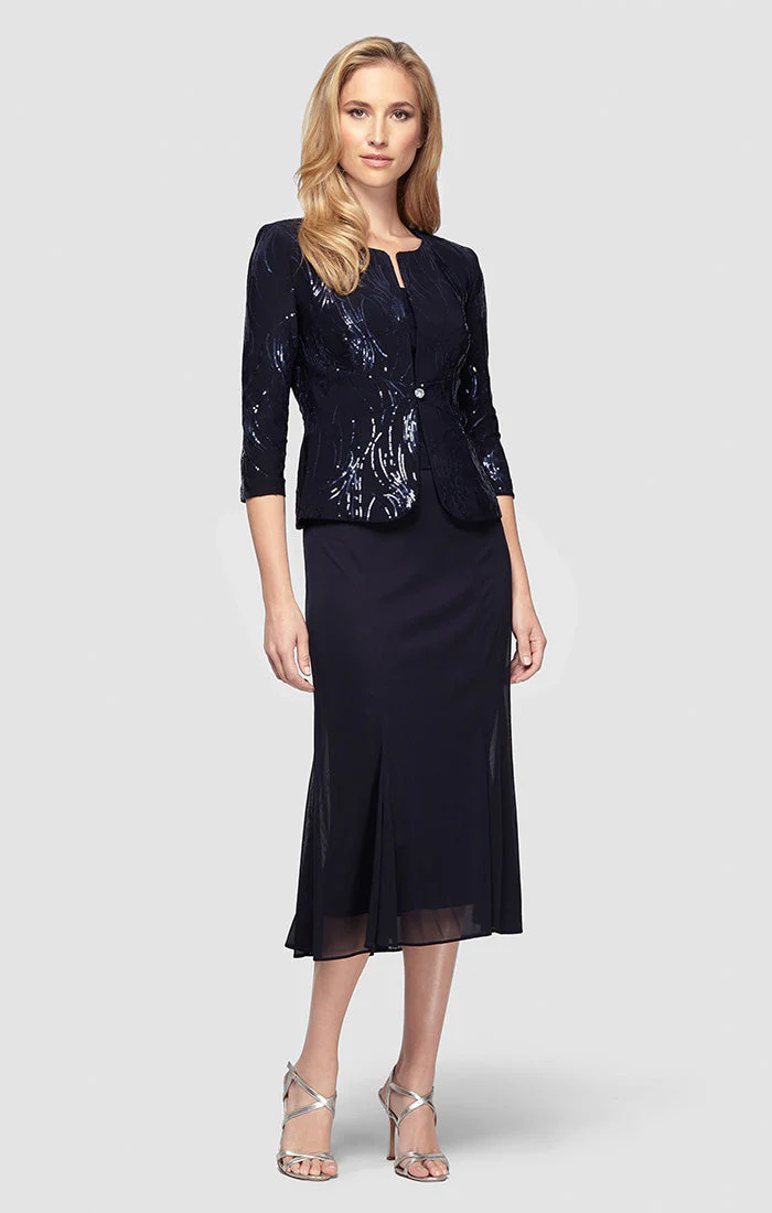 Alex Evenings 296267 Petite Short Cocktail Sequin Jacket Mother of the Bride Tea Length Dress - Primitiveus