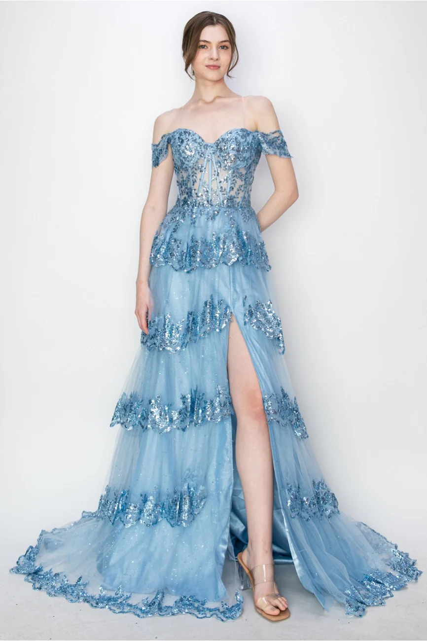 High Couture MJ1020 Long Ball Gown Formal Tiered Prom Dress - Primitiveus