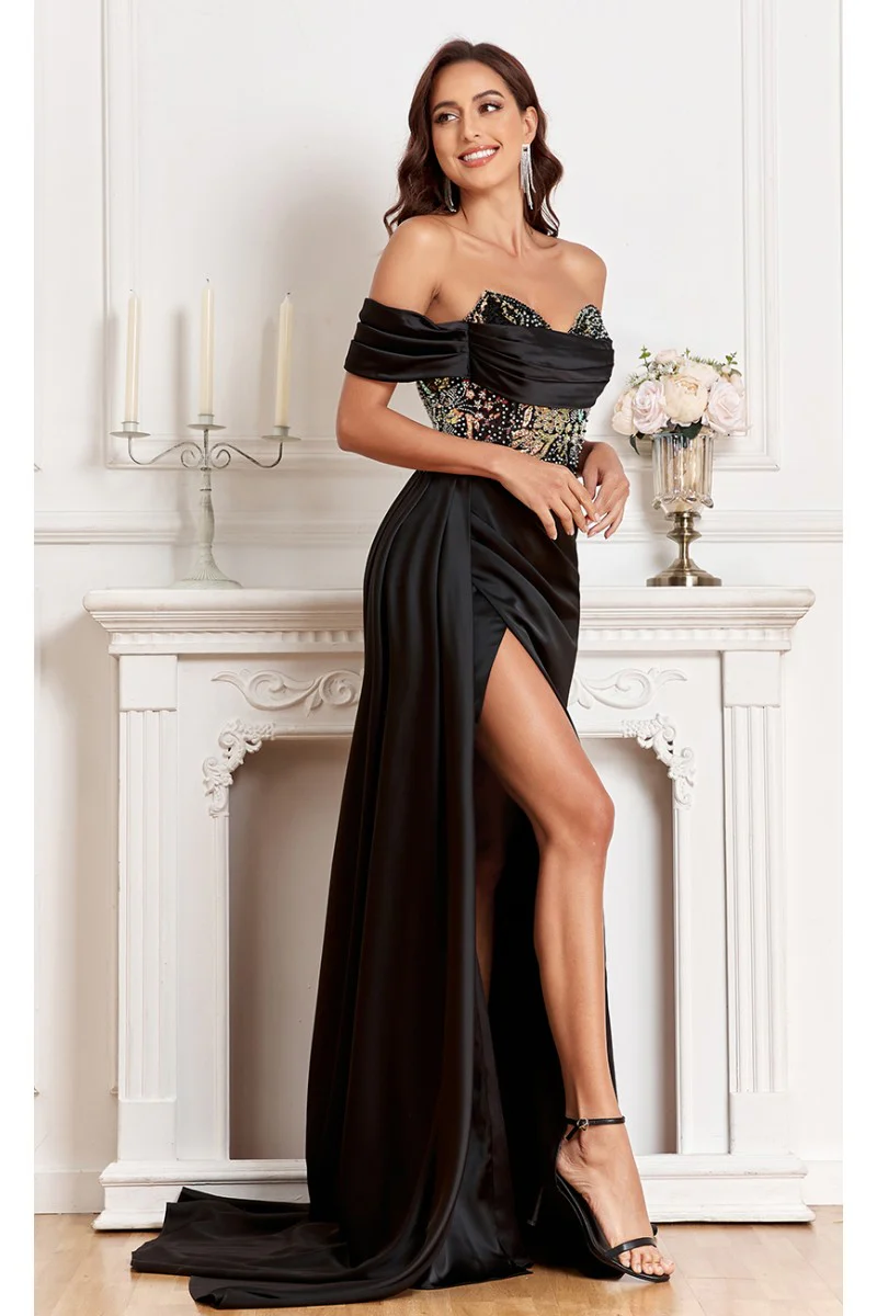 High Couture MJ1005 Fitted Prom Long Formal Beaded Slit Evening Gown - Primitiveus