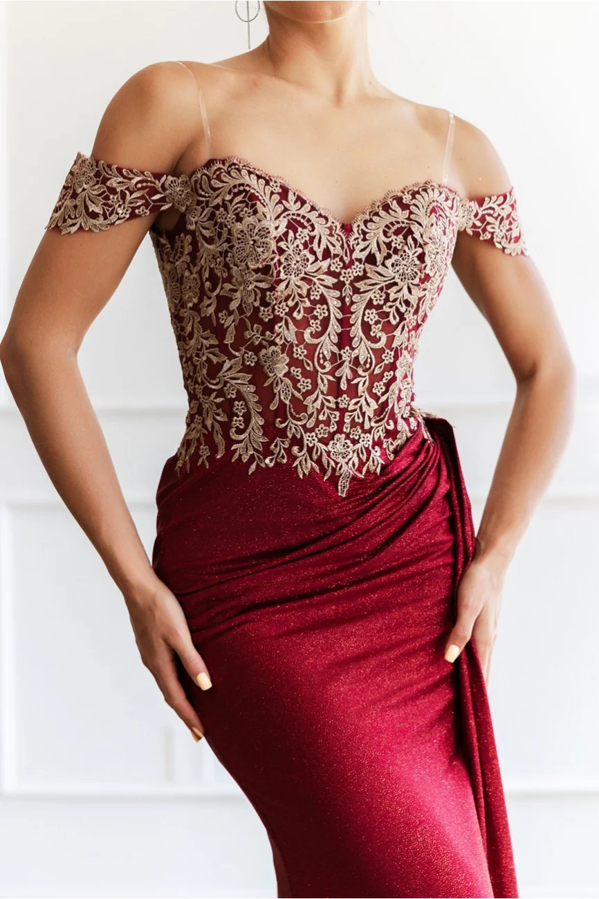 High Couture MJ1021 Glitter Long Formal Lace Applique Prom Dress - Primitiveus