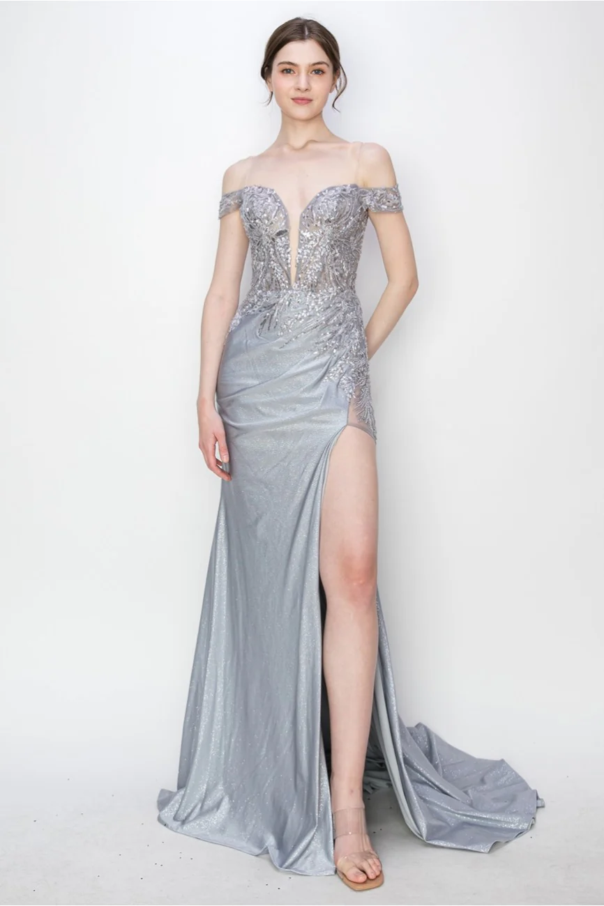 High Couture MJ1018 Prom Long Formal Glitter Applique Dress - Primitiveus