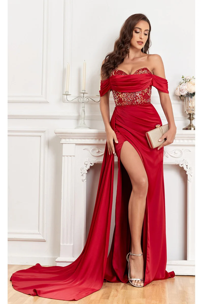 High Couture MJ1005 Fitted Prom Long Formal Beaded Slit Evening Gown - Primitiveus