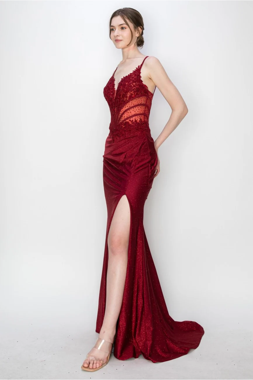 High Couture MJ1019 Long Formal Fitted Corset Slit Evening Prom Gown - Primitiveus