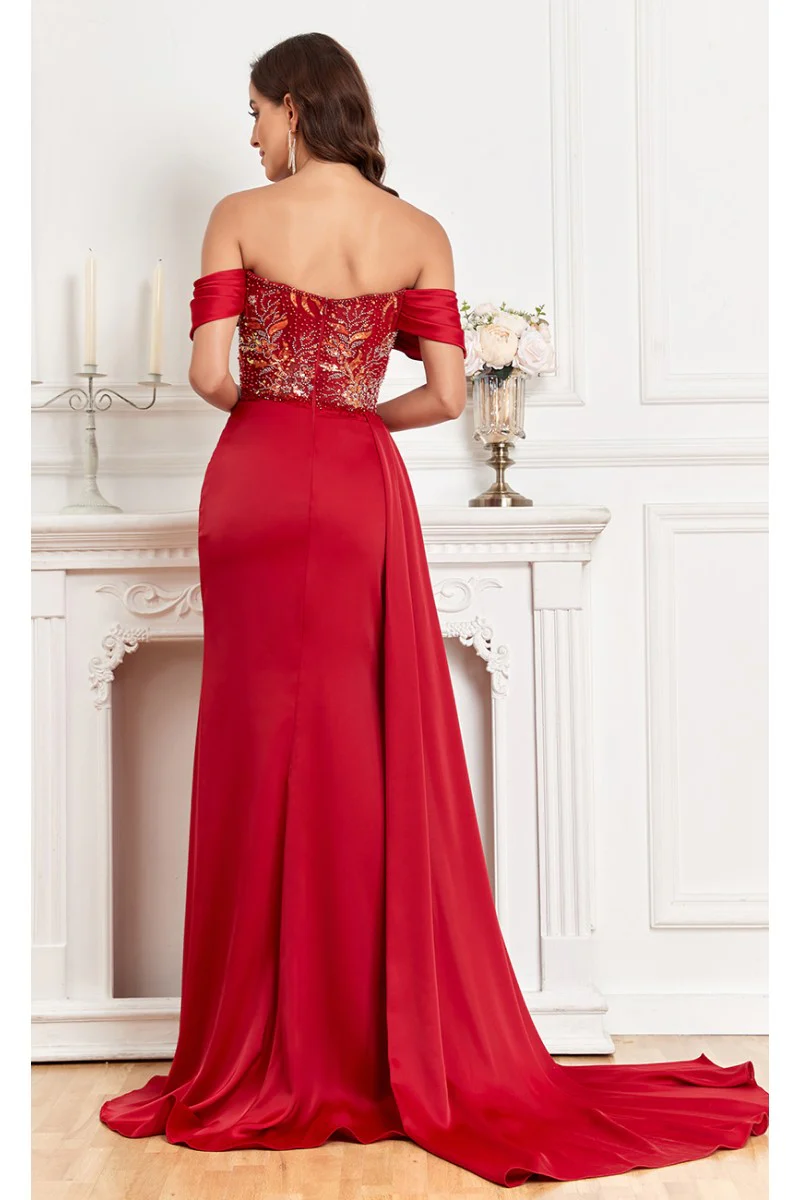 High Couture MJ1005 Fitted Prom Long Formal Beaded Slit Evening Gown - Primitiveus