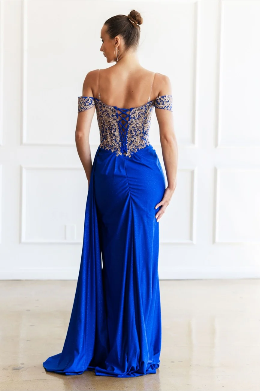 High Couture MJ1021 Glitter Long Formal Lace Applique Prom Dress - Primitiveus