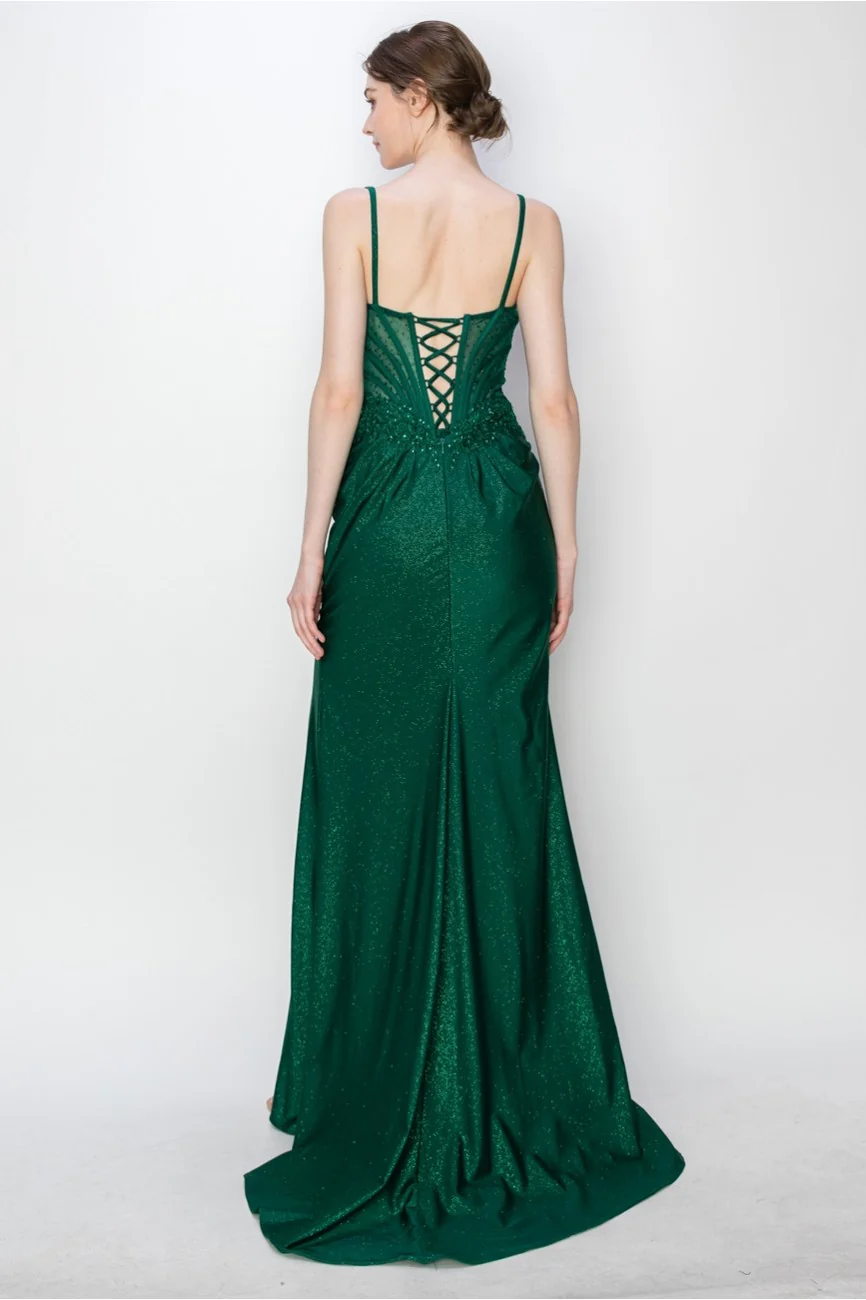 High Couture MJ1019 Long Formal Fitted Corset Slit Evening Prom Gown - Primitiveus