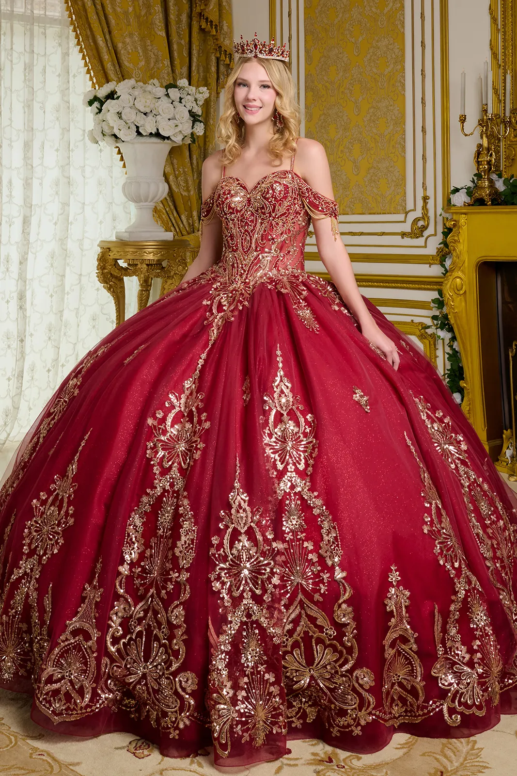 Glitter Long Ball Gown Mettalic Quinceanera Dress - Primitiveus