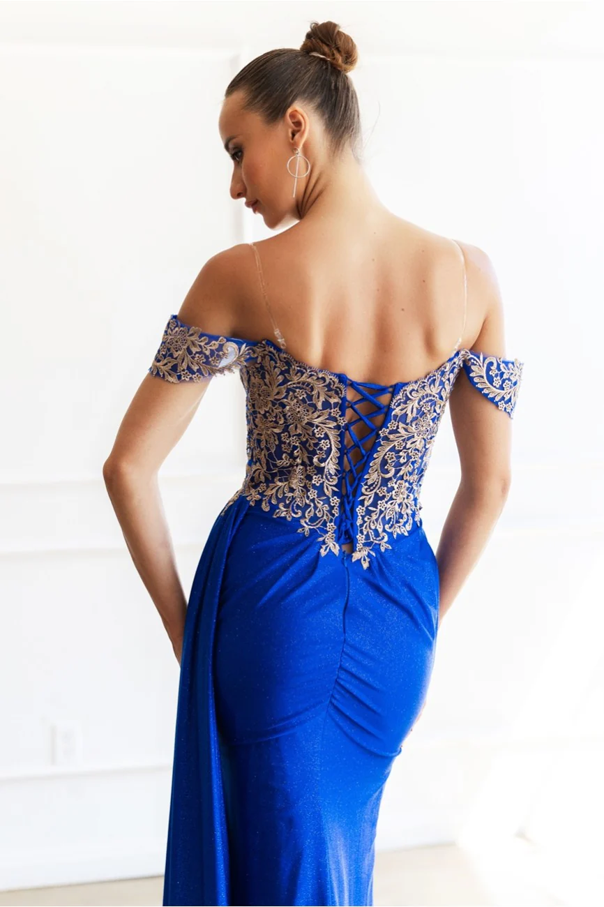 High Couture MJ1021 Glitter Long Formal Lace Applique Prom Dress - Primitiveus