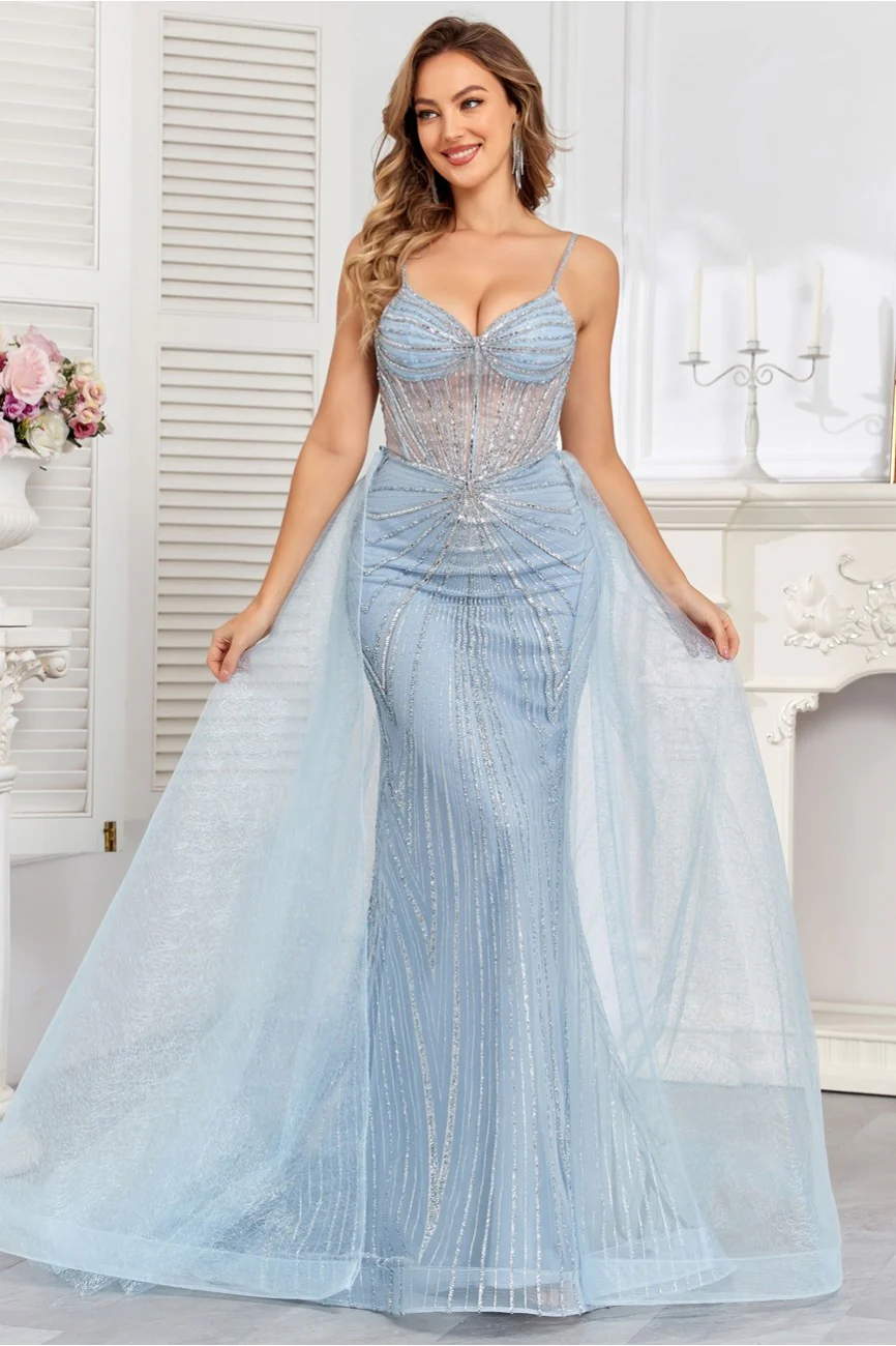 High Couture HC1009 Prom Fitted Long Formal Beaded Overskirt Evening Gown - Primitiveus
